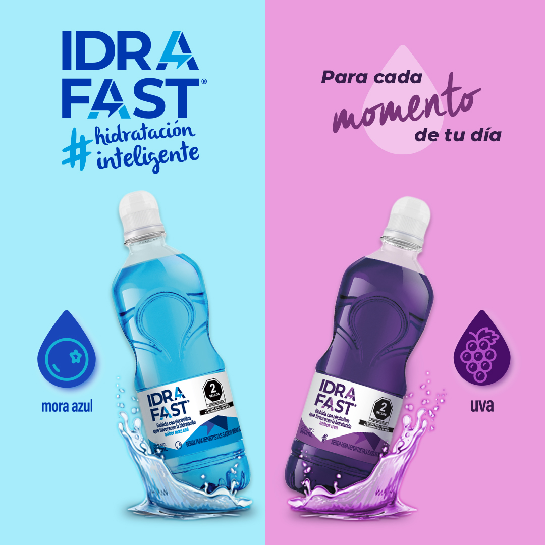 Idrafast logo #Hidratacioninteligente para cada momento de tu día botellas sabores Mora Azul y Uva