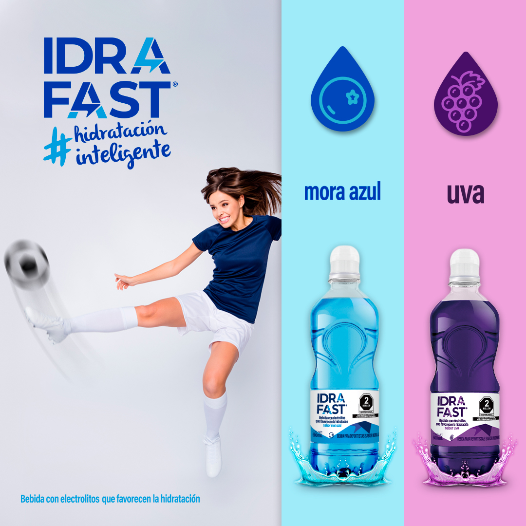 Idrafast logo #Hidratacioninteligente mujer desportista jugando futbol botellas sabores Mora azul y Uva